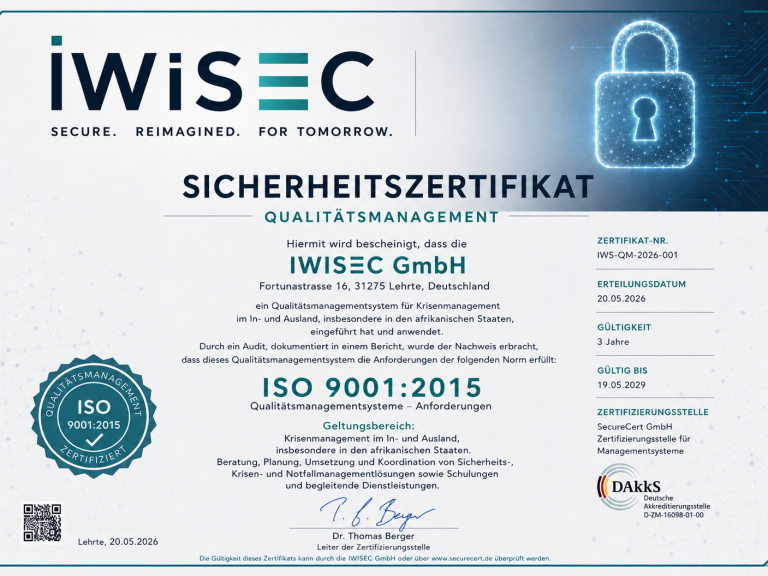 Zertifikat der iwiSEC GmbH für ISO 9001:2015 Sicherheitsstandards.